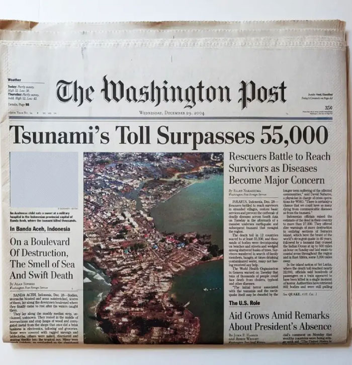 Historical newspaper headlines: The Washington Post reports on the Tsunami's toll, an aerial view of the devastated coast.