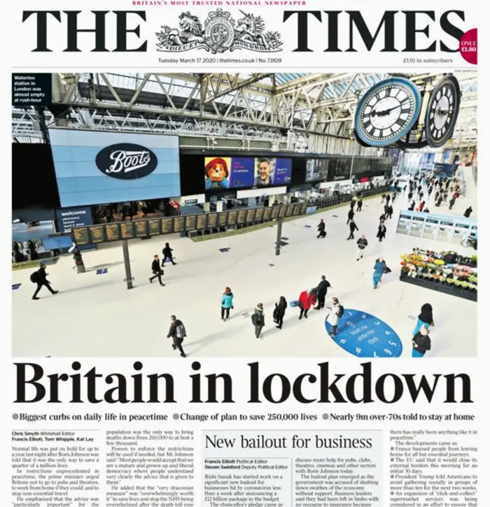 Historical newspaper headlines: The Times reports Britain in lockdown, showing a bustling train station during the pandemic.