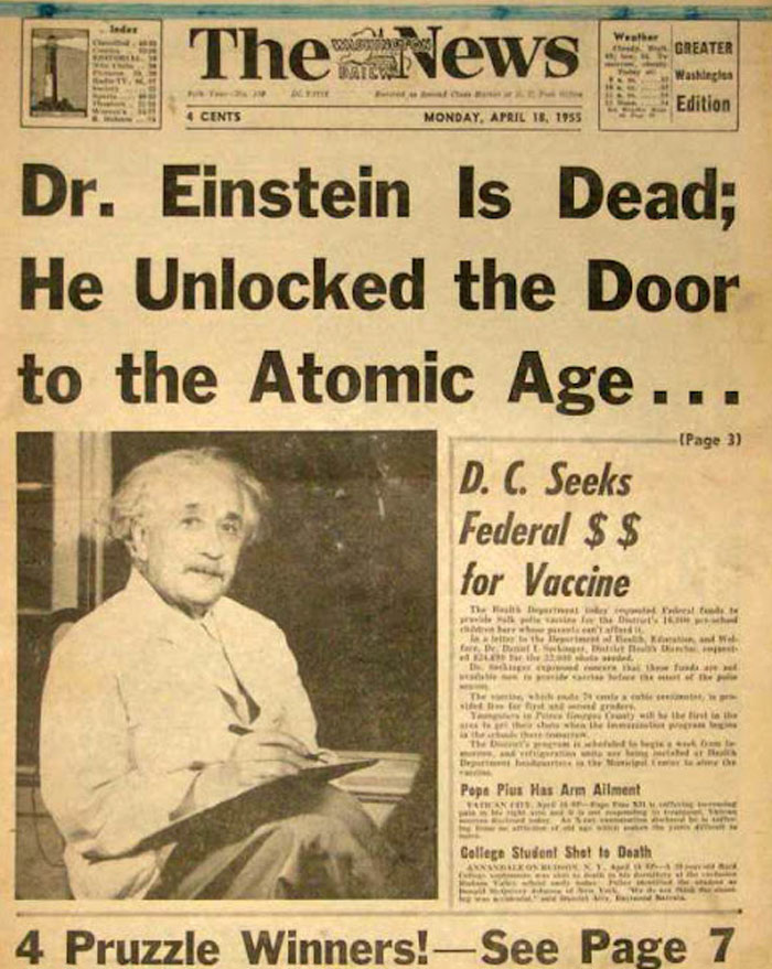 Historical newspaper headline announcing Dr. Einstein's d***h, a significant moment in the Atomic Age.