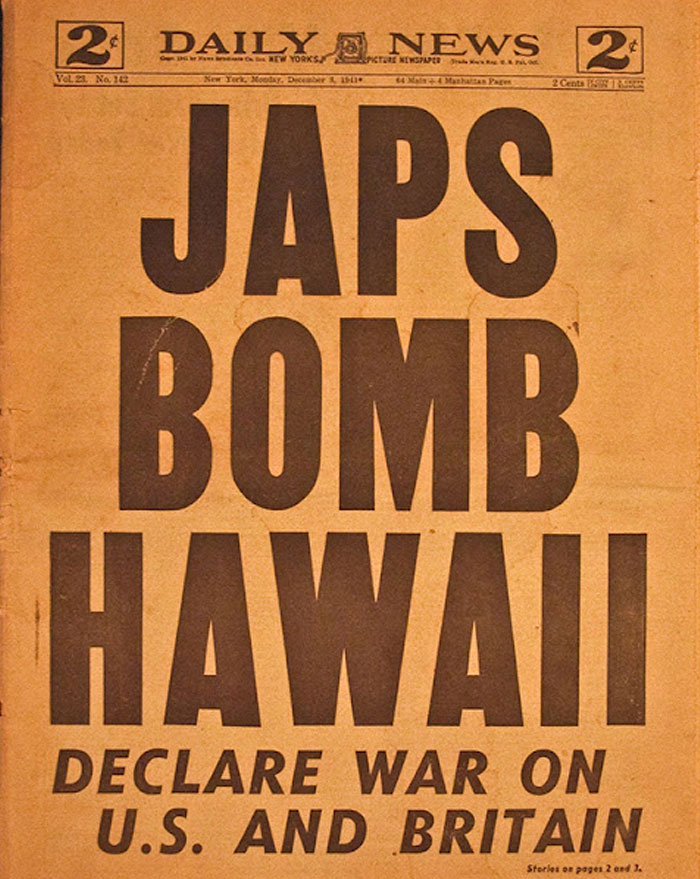 Historical newspaper headline: Japs B**b Hawaii. A significant front page headline.