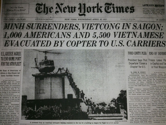 Historical newspaper headlines: The New York Times reports Saigon's fall and Americans evacuated by copter.