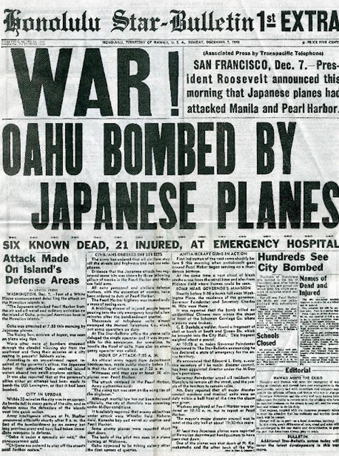 Historical newspaper headline: War! Oahu Bombed By Japanese Planes. A significant historical newspaper front page.