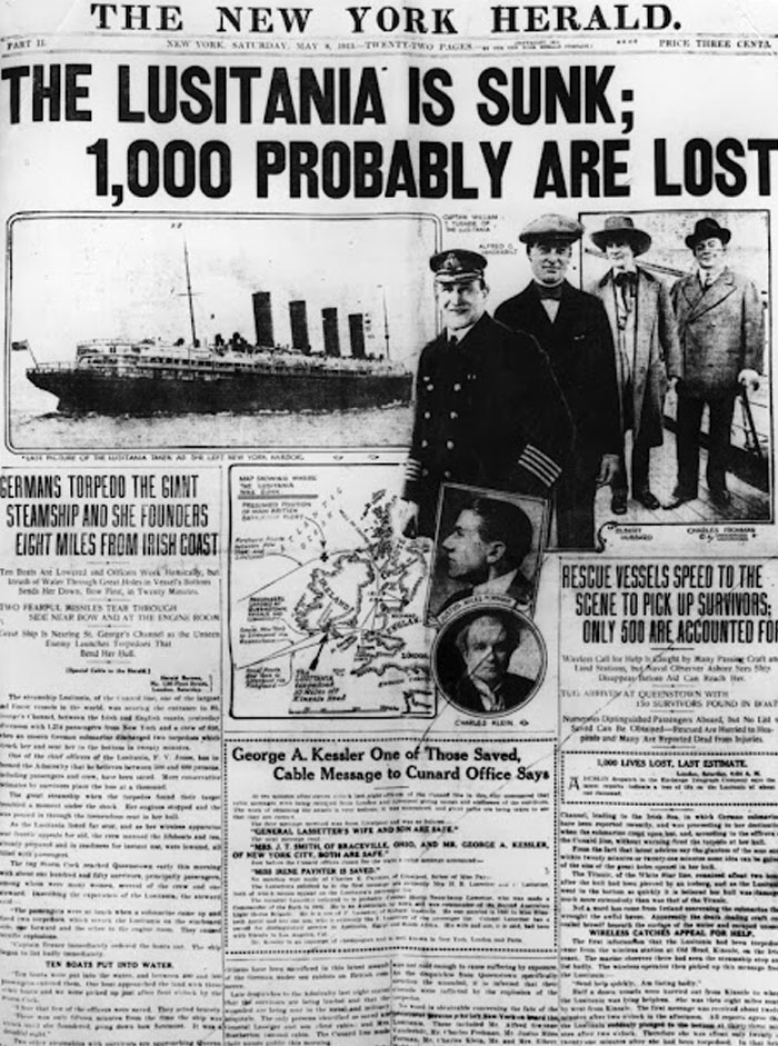Historical newspaper headline about The Lusitania sunk, reporting a thousand probably lost. A significant historical newspaper front page.