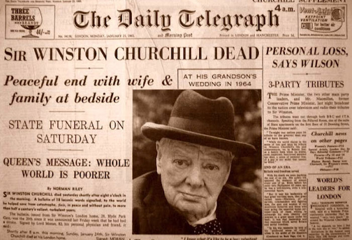 Historical newspaper headlines: The Daily Telegraph announces Sir Winston Churchill's d***h and funeral plans.
