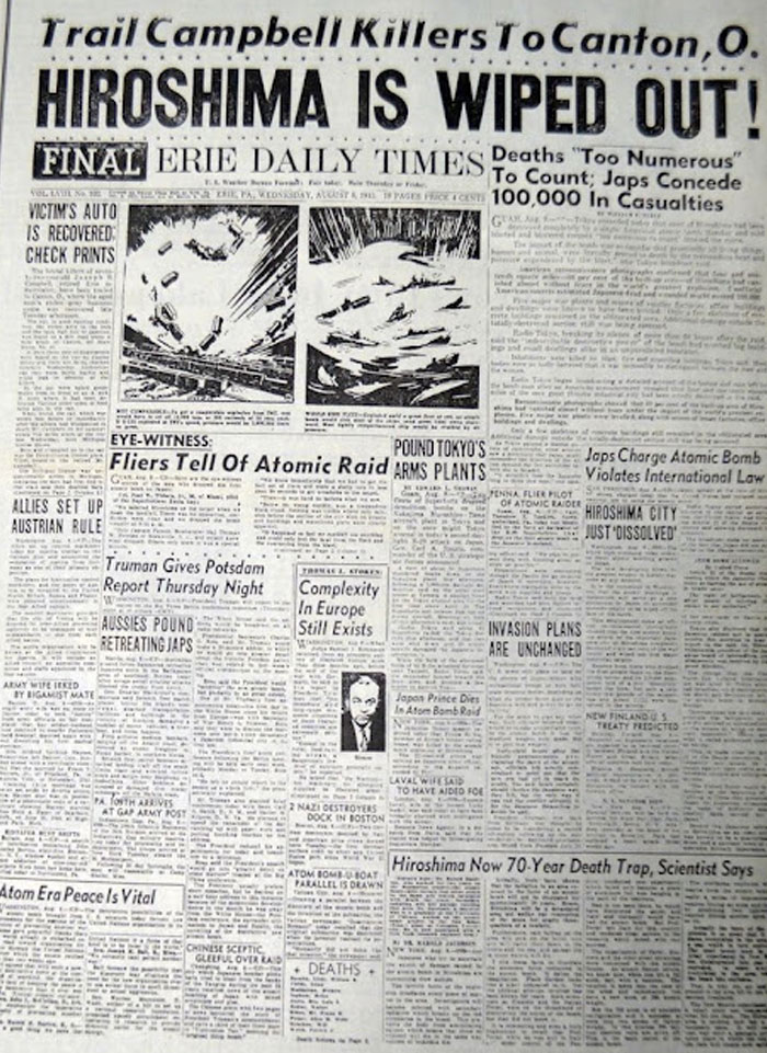 Historical newspaper headlines: Erie Daily Times reports Hiroshima is wiped out after the atomic b**b.