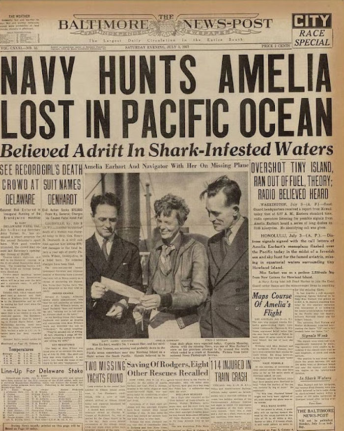 Historical newspaper headlines: Baltimore News-Post reports on Amelia Earhart lost in the Pacific Ocean.