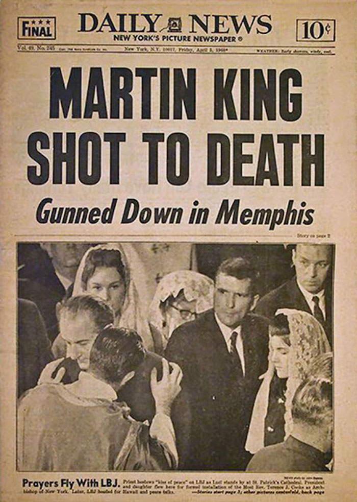 Historical newspaper headlines: Daily News reports on Martin King's assassination in Memphis, showing the funeral.