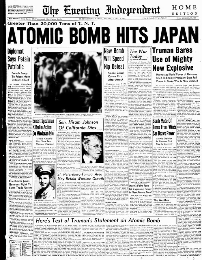 Historical Newspaper Headline: Atomic B**b Hits Japan, with photo of mushroom cloud, from the front pages