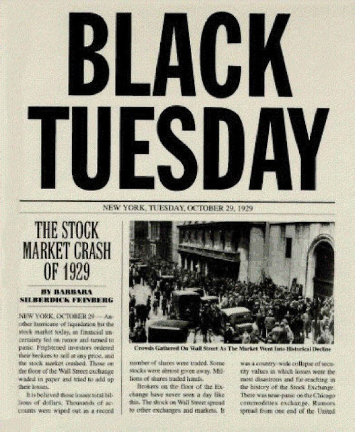 A historical newspaper headline from 1929 screams Black Tuesday, reporting the stock market crash on the front page.
