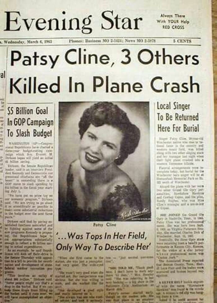 A historical newspaper headline from Evening Star reports Patsy Cline, 3 Others K****d In Plane Crash on the front page.