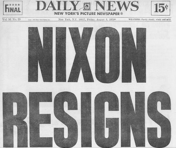 A historical newspaper headline announces Nixon Resigns from presidency, a front page event.