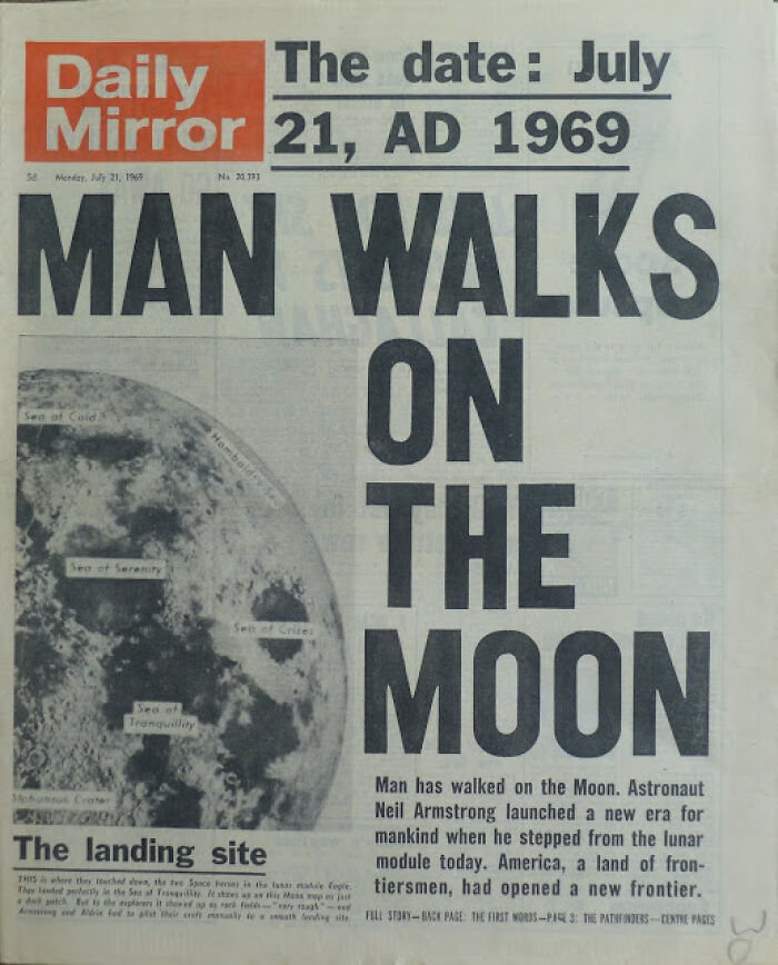 Historical newspaper headline: Man walks on the Moon. Details Neil Armstrong's historic landing on July 21, 1969.