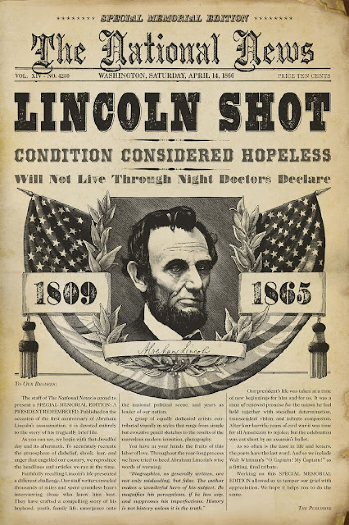 Historical newspaper headline about Lincoln Shot, detailing the condition and the historical impact.
