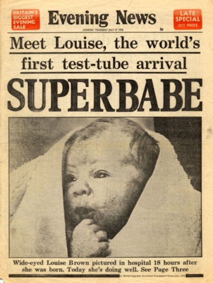 Historical newspaper headline: Meet Louise, the world's first test-tube arrival, a 'superbabe'.