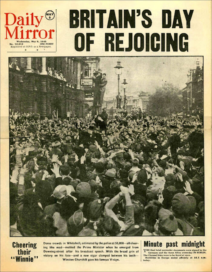 Historical newspaper headline announces Britons rejoicing, celebrating a major event, featuring large crowds.