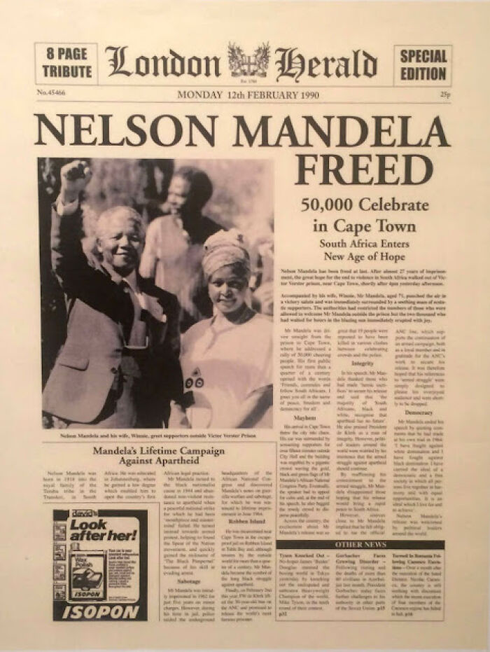 London Herald historical newspaper headline from February 12, 1990, reporting the freeing of Nelson Mandela.