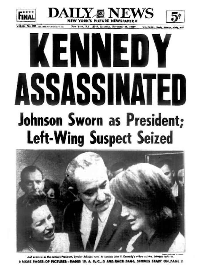 Daily News historical newspaper headline from November 23, 1963, reporting the assassination of President Kennedy.