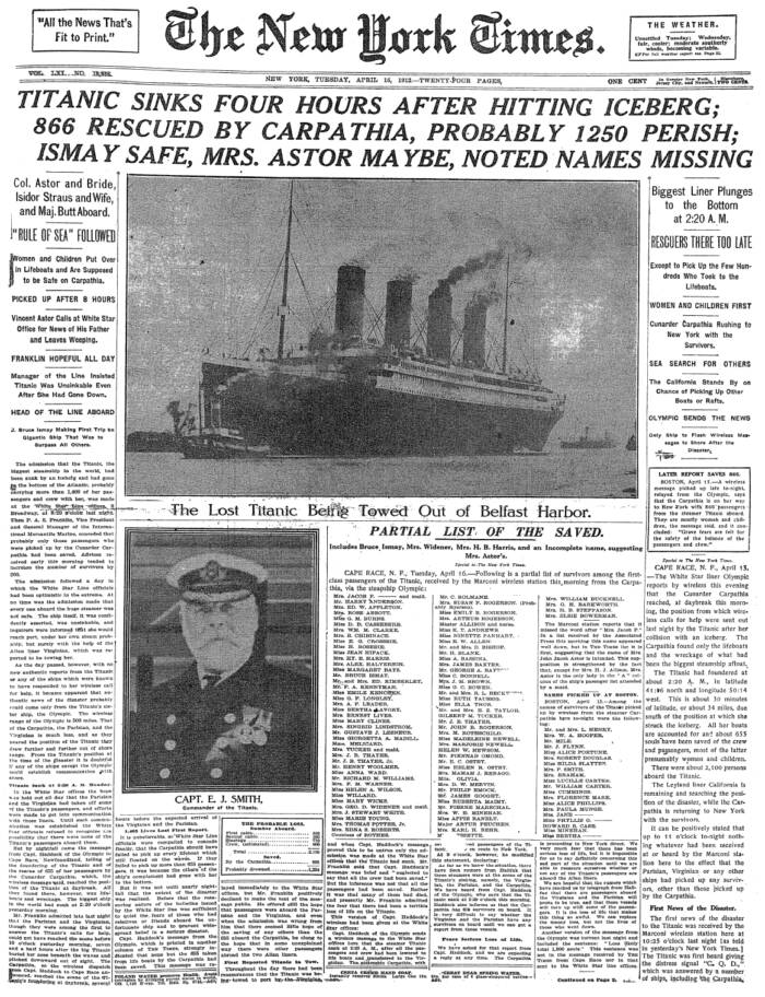 The New York Times historical newspaper headline from April 16, 1912, reporting the Titanic sinking.