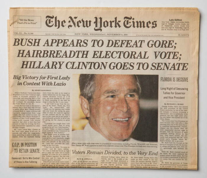 The New York Times historical newspaper headline from November 8, 2000, reporting the Bush vs. Gore election results.