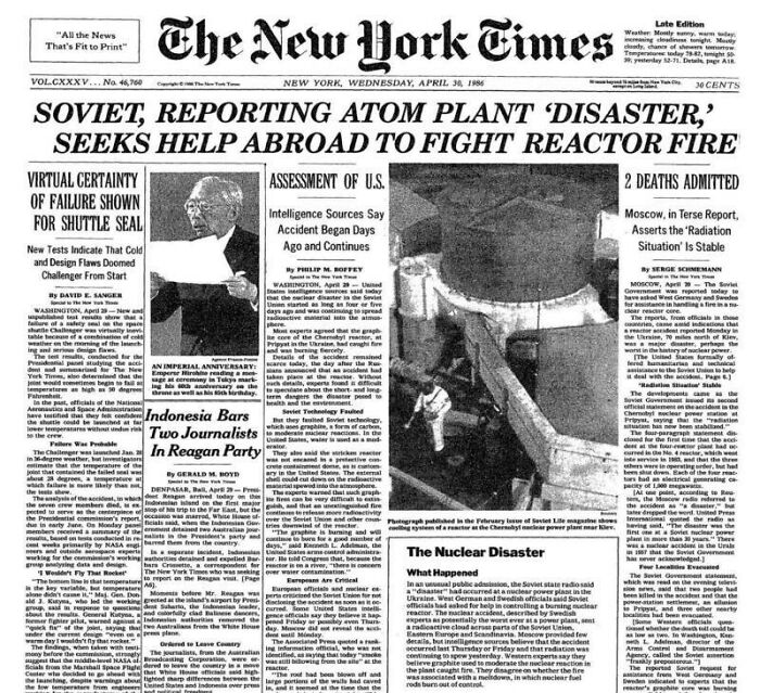 The New York Times historical newspaper headline from April 26, 1986, reporting the Chernobyl nuclear power plant disaster.