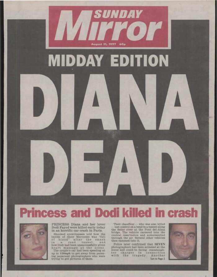 Historical newspaper headline from 1997, Sunday Mirror, reporting Princess Diana d**d.