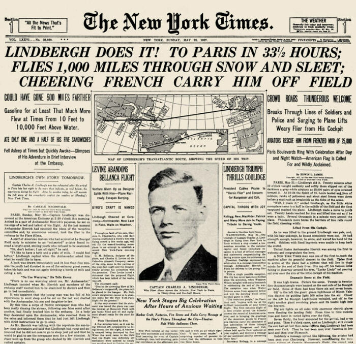 A black and white historical newspaper headline announces a pilot walking on moon.