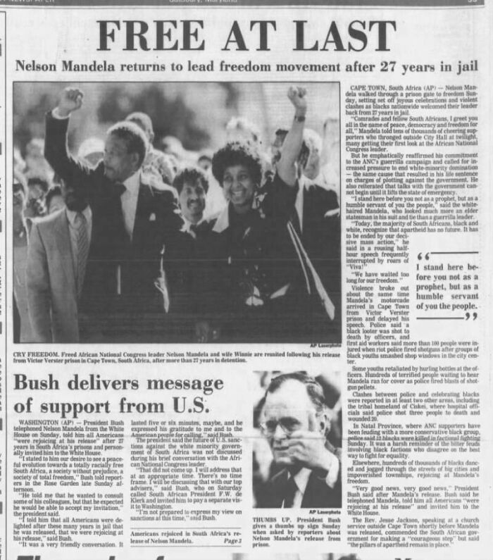 A historical newspaper headline about Nelson Mandela's release and its impact on the world.