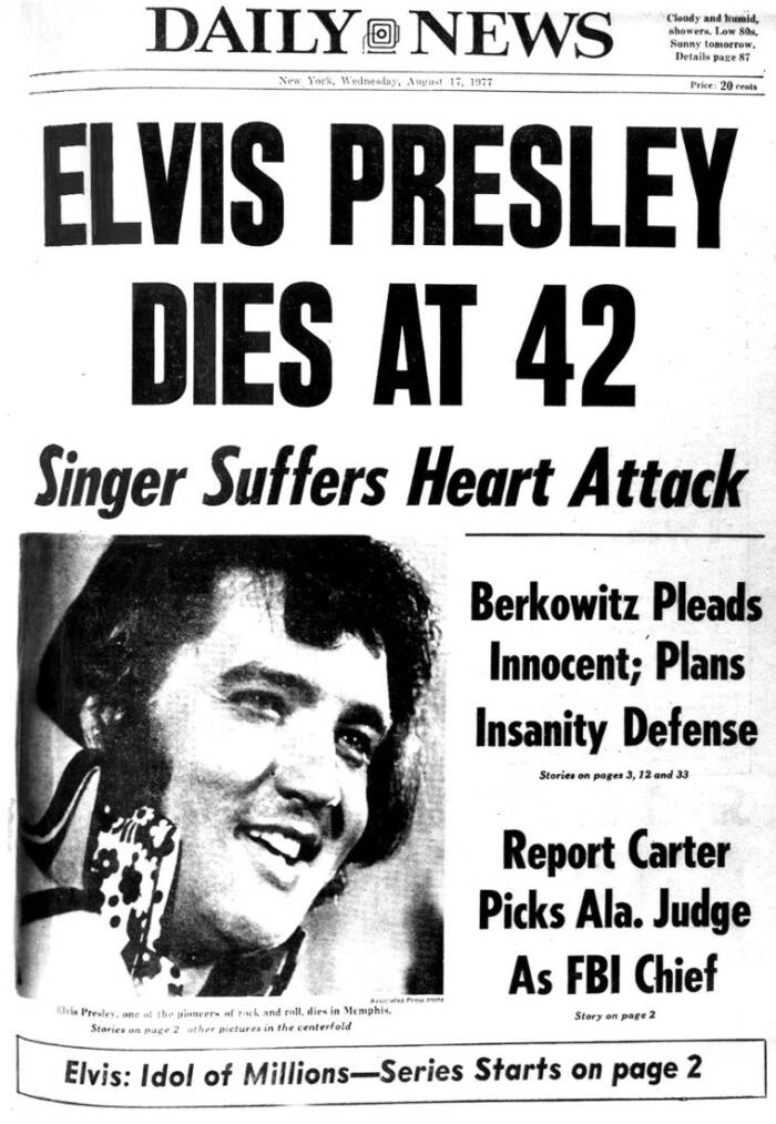 A black and white historical newspaper headline announces Elvis Presley's d***h at 42 years old.