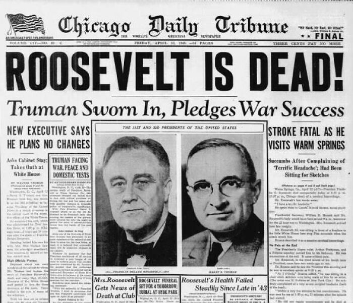 A historical newspaper headline announces Roosevelt's d***h and its impact on the world.
