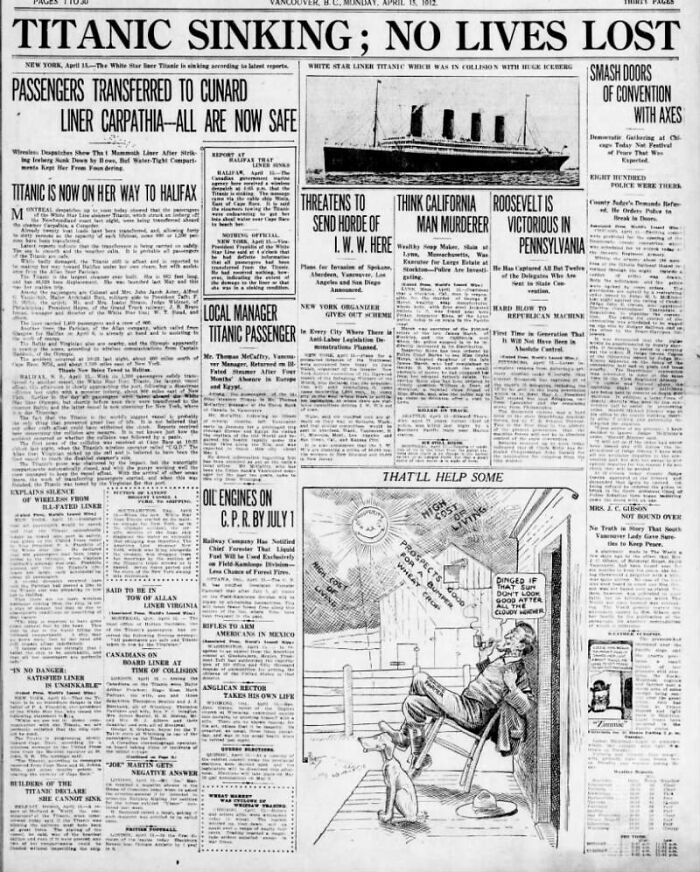 Historical newspaper headline from 1912 with the Titanic sinking, stating No lives lost.