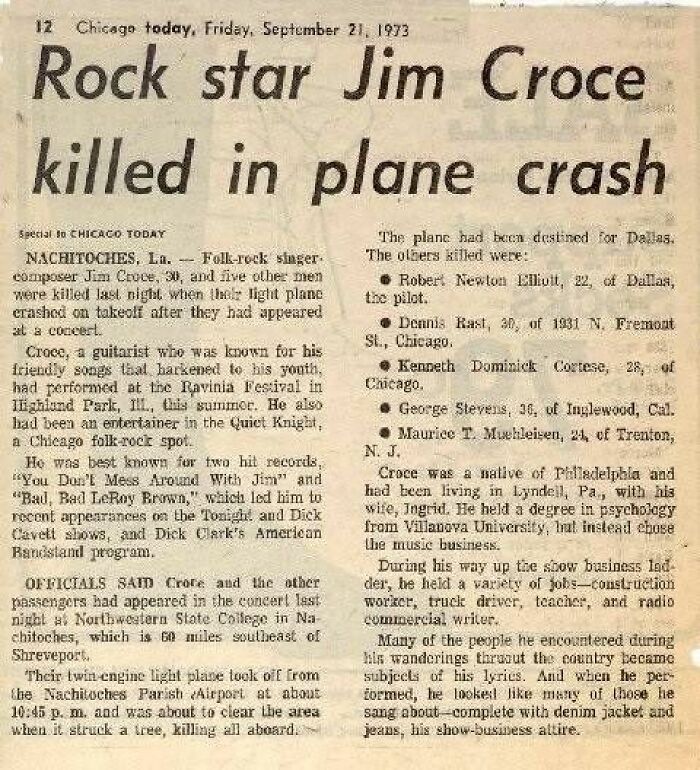 Historical newspaper headline from 1973 announcing Rock star Jim Croce k****d in plane crash.