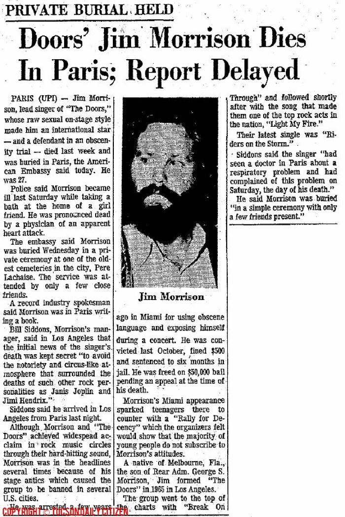 Historical newspaper headline from 1971 about Jim Morrison Dies in Paris.