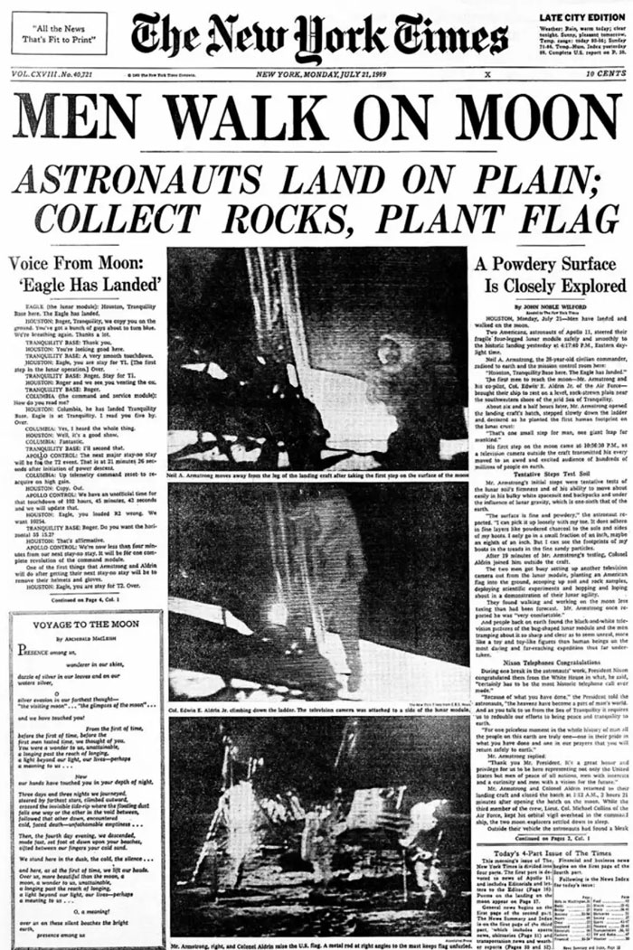 Historical Newspaper Headline: Men Walk On Moon, with photo of astronauts, from the front pages