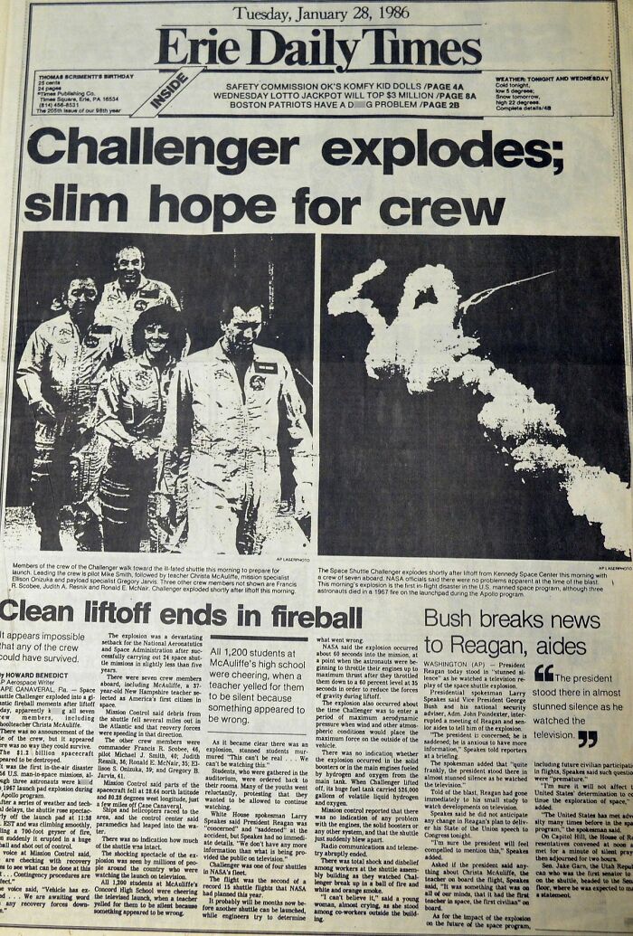 Historical newspaper headline from Erie Daily Times: Challenger explodes; slim hope for crew with a photo of the crew and the explosion, relating to Men Walk On Moon.