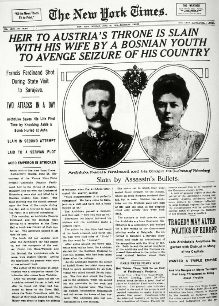 Historical newspaper headline from The New York Times announcing Heir to Austria's Throne is Slain, relating to Men Walk On Moon.