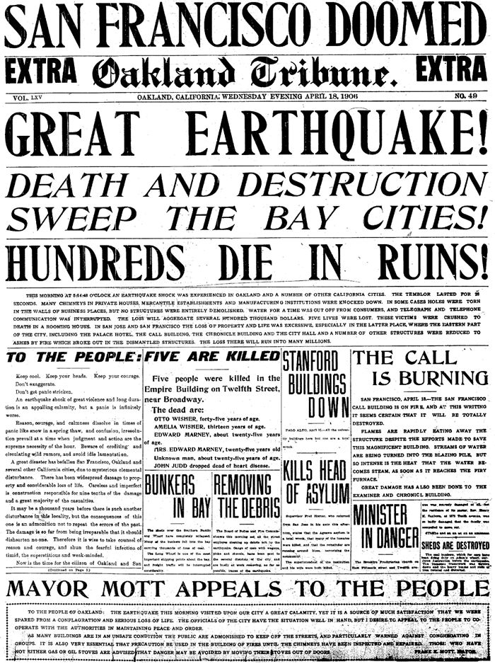 Historical newspaper headline from San Francisco Doom Extra! Great Earthquake!, reporting hundreds d*e in ruins, relating to Men Walk On Moon.
