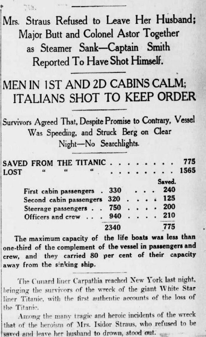 Historical newspaper headline detailing Mrs. Straus Refused to Leave Her Husband and how 775 were Saved From The Titanic, relating to Men Walk On Moon.