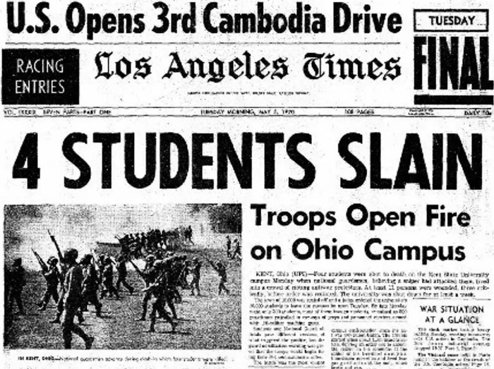 Historical Newspaper Headline: 4 Students Slain, with photo of troops on campus, from the front pages