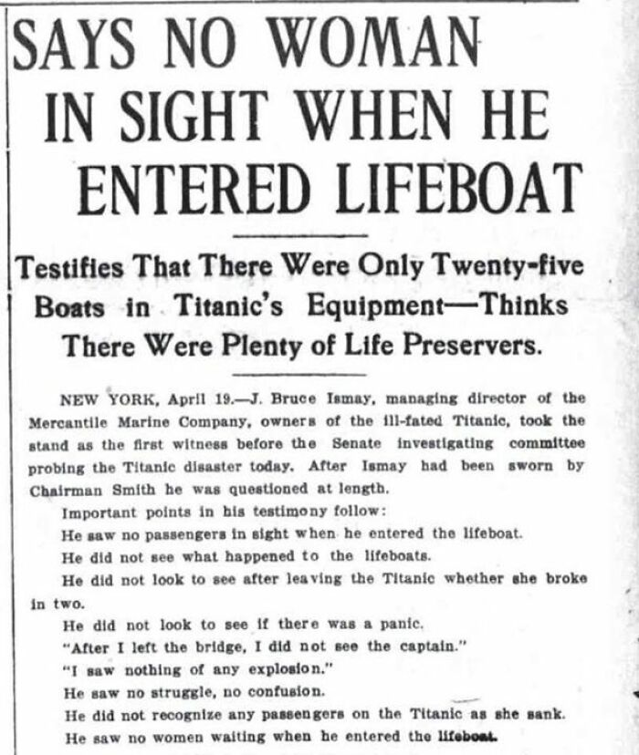 A historical newspaper headline reporting a witness claiming no women were in sight when he entered the Titanic lifeboat.