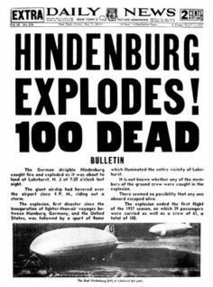 A historical newspaper headline about the Hindenburg exploding and k*****g 100 people, a major disaster.