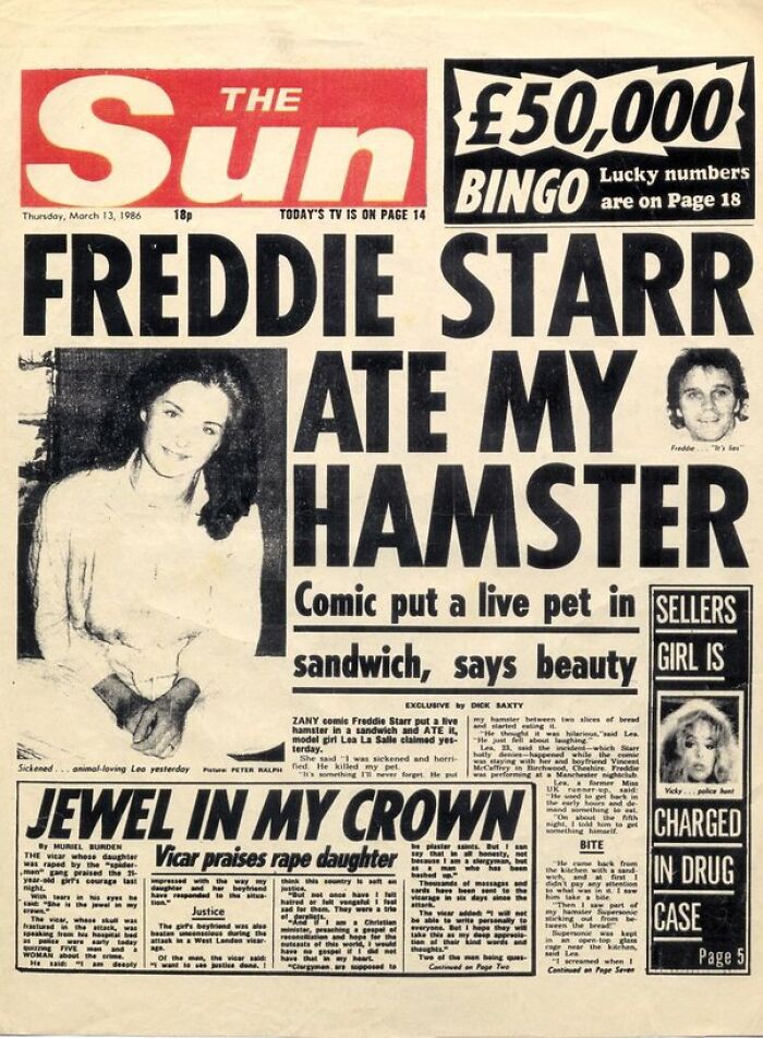 A historical newspaper headline about Freddie Starr eating a hamster, a front page news story.