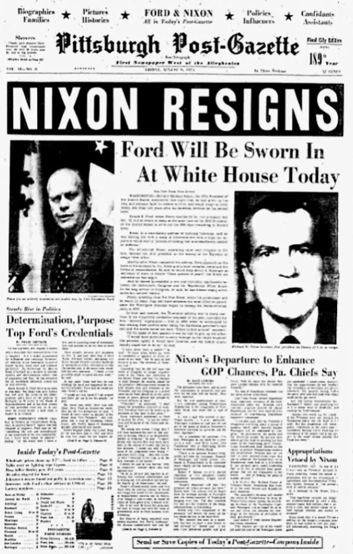 Historical Newspaper Headline: Nixon Resigns, with photo of Nixon, from the front pages