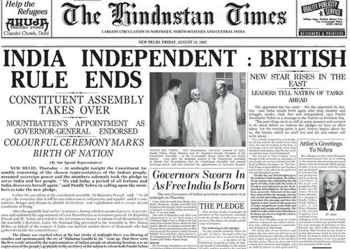 A historical newspaper headline and photo showing the celebration of India's independence, ending British Rule, on August 15, 1947.