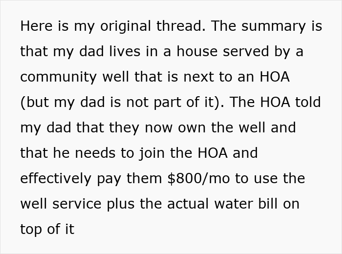 Text summary of water well and HOA scam involving man not part of HOA Text summary of water well and HOA scam involving man not part of HOA