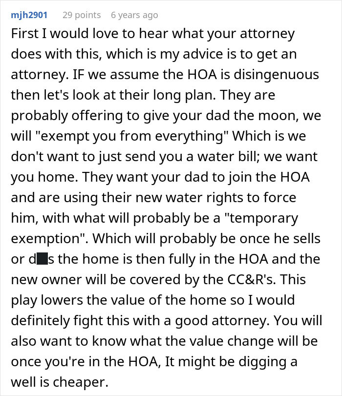 Advice to get an attorney for HOA water rights scam involving property value and exemptions Advice to get an attorney for HOA water rights scam involving property value and exemptions