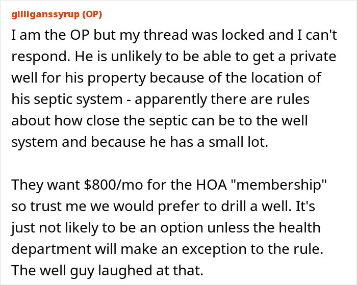 Discussion on HOA membership cost and septic system rules preventing private well Discussion on HOA membership cost and septic system rules preventing private well