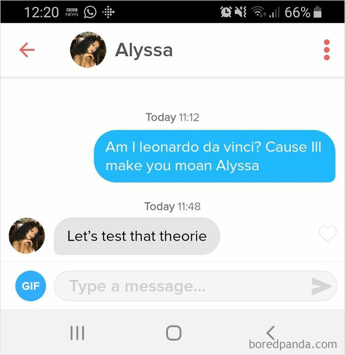 Flirty Tinder message referencing Leonardo da Vinci and a playful reply