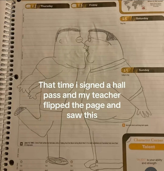 Sketch of two men kissing in planner with hall pass note