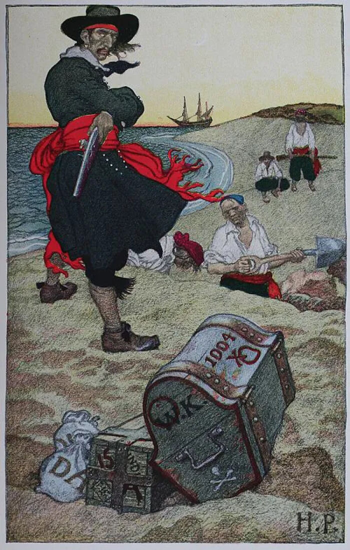 An illustration of pirates digging for lost treasures on a sandy beach, with a partially unearthed chest.