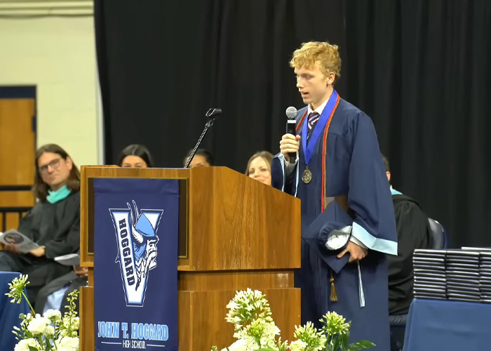 HS valedictorian giving speech at John T. Hoggard High School graduation ceremony HS valedictorian giving speech at John T. Hoggard High School graduation ceremony
